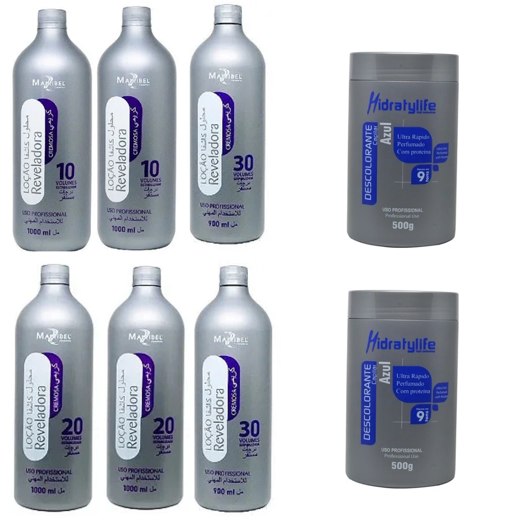 Combo 2 Pó Descolorante Capilar Azul 500g + 6 Ox Mairibel Água oxigenada