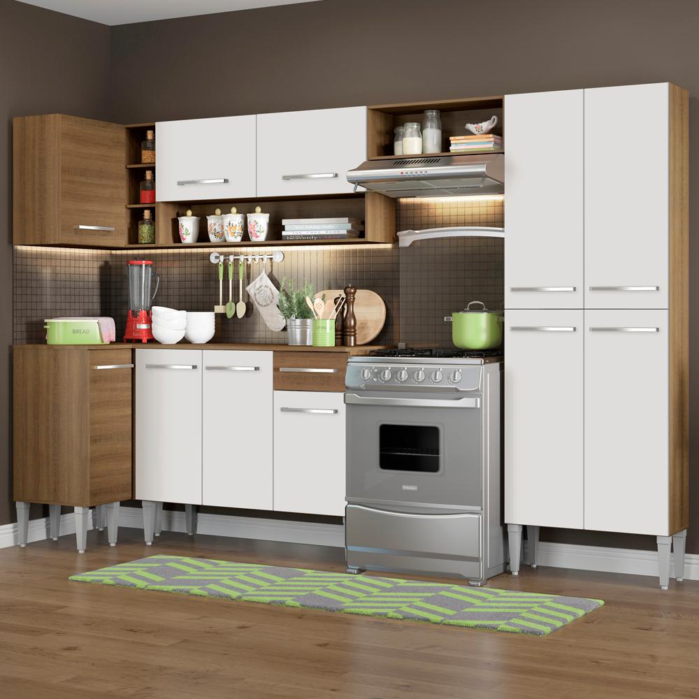 Cozinha Completa de Canto Reto Madesa Emilly Sun Armário e Balcão 11 Portas 1 Gaveta - Rustic/Branco - Home & Living