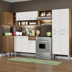 Cozinha Completa de Canto Reto Madesa Emilly Sun Armário e Balcão 11 Portas 1 Gaveta - Rustic/Branco