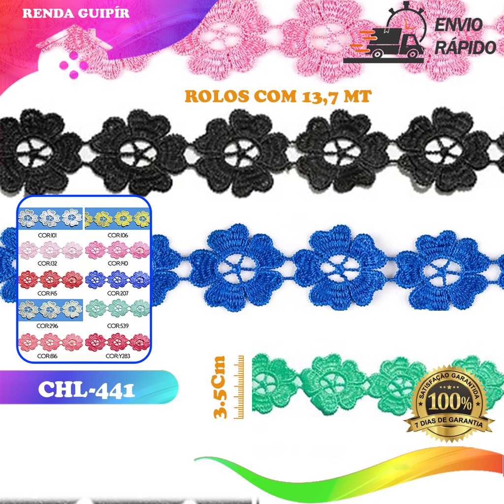 Renda Guipir CHL-441 Entremeio 3.5 Cm -  Rolo C/13.7 Metros