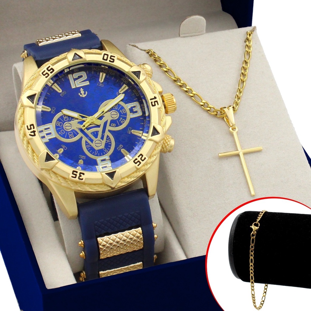 Relogio Masculino Original A Prova D'Água + Colar Cruz Banhado a Ouro + Pulseira