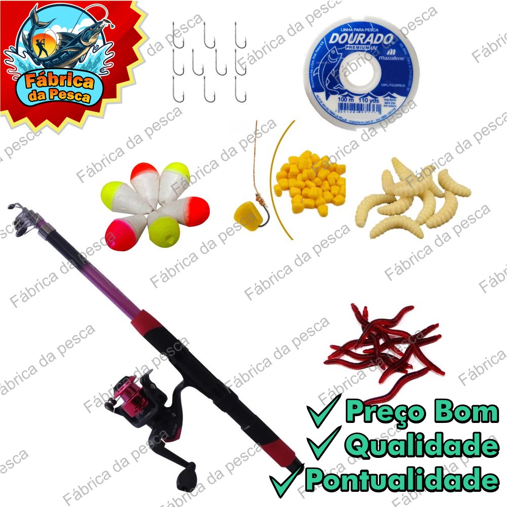 Kit Pesca ROSA Vara + Molinete Iniciante Com Acessorios