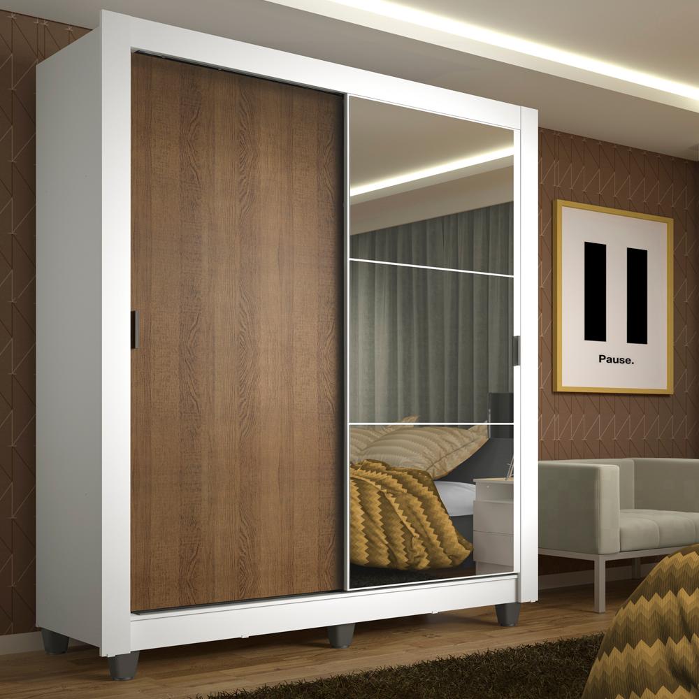 Guarda-Roupa Solteiro Madesa Denver 2 Portas de Correr com Espelho com Pés - Branco/Rustic - Home & Living