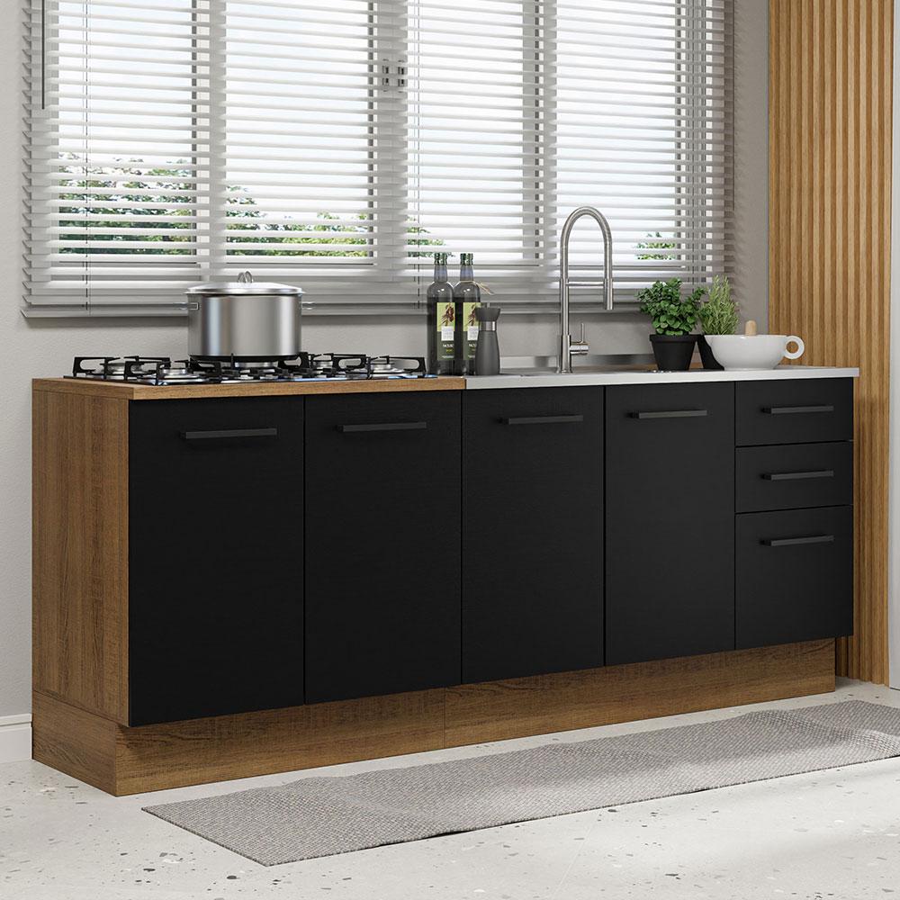 Kit com 2 Balcões de Cozinha Madesa Agata 3 Gavetas 4 Portas (Sem Tampo e Pia) - Rustic/Preto em Oferta na Shopee