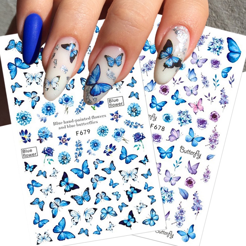 Adesivos De Borboleta Azul Para Unhas Flores Deixa Decalques Autocolantes 3D Transferência Sliders Wraps Manicure Folhas De Dicas De Decorações DIY