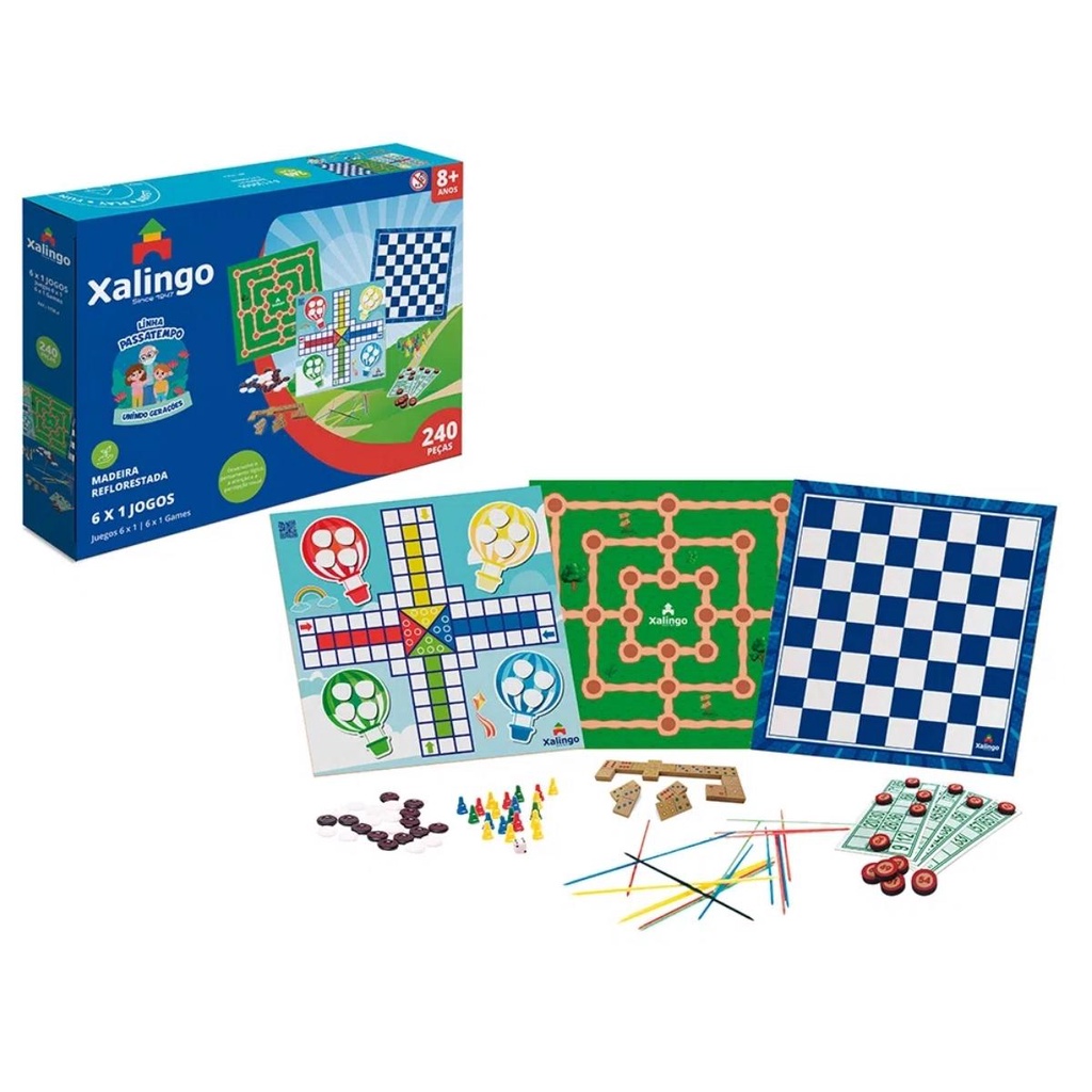 Jogos Passatempo 6 x 1 Xalingo Dominó, Loto, Pega-Varetas, Damas, Ludo e Trilha 240 Peças +8 anos - 17354 em Oferta na Shopee