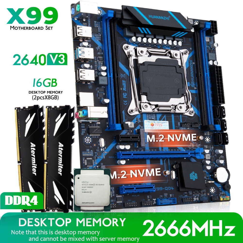 Placa Mãe original Huanzhi X99 QD4 X99 Com kit Combinado XEON E5 2640 V3 16GB 266mhz (2 * 8G) DDR4 Memória Desktop NVME NGFF USB 3.0