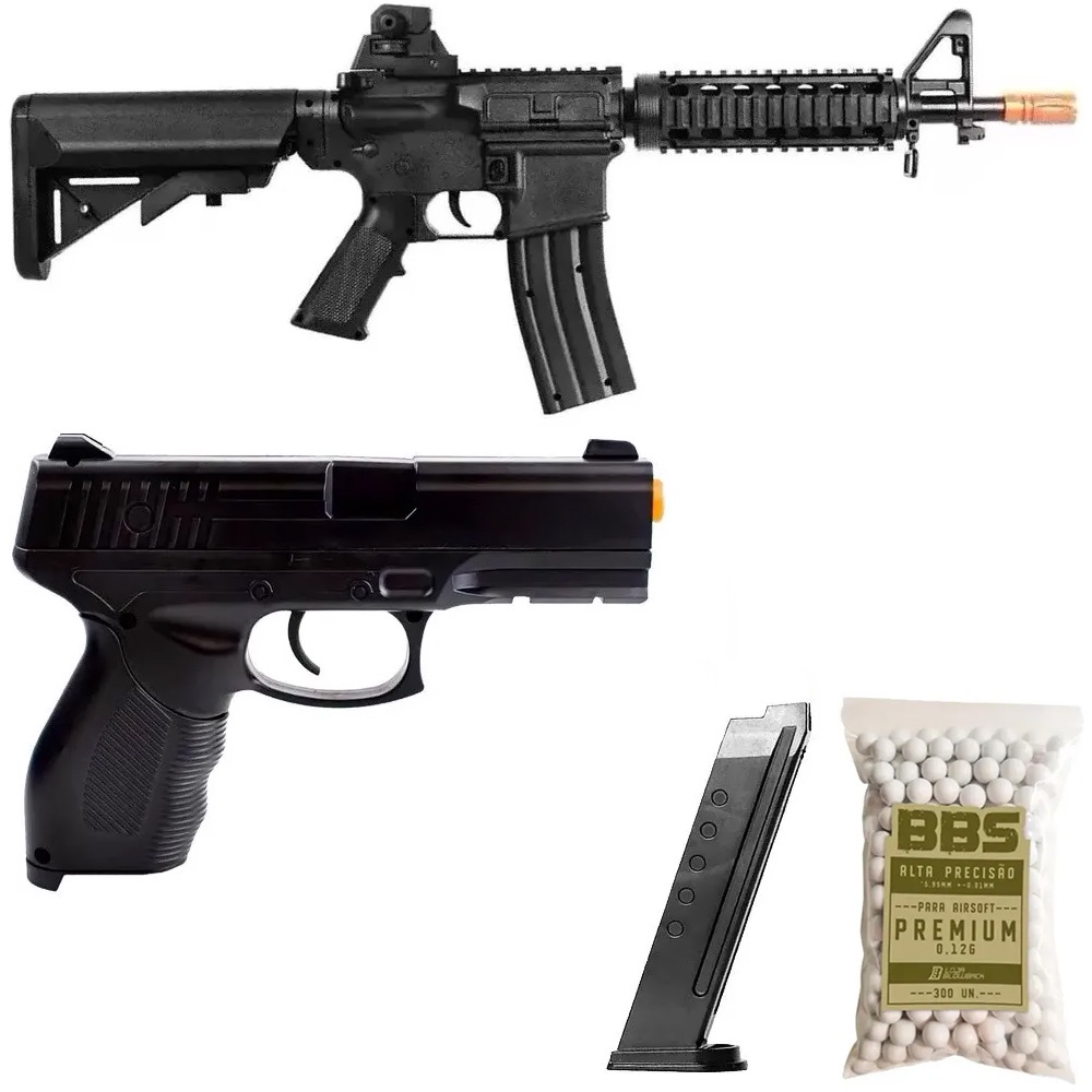 Kit Rifle de Airsoft M4 E Pistola 24/7 Vigor Spring Rossi Taurus Fuzil