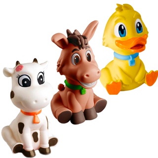 Kit 3 Animais Da Fazenda, Burrinho, Vaquinha e Patinho, Brinquedo Mordedor Macio P/ Bebê em Oferta na Shopee