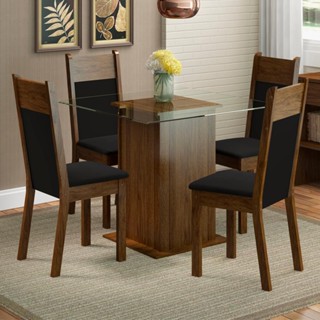 Conjunto Sala de Jantar Madesa Anita Mesa Tampo de Vidro com 4 Cadeiras - Rustic/Preto/Sintético Preto