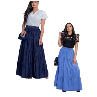 Saia Jeans Longa Moda Evangélica Rodada Três Marias Camadas Elástico