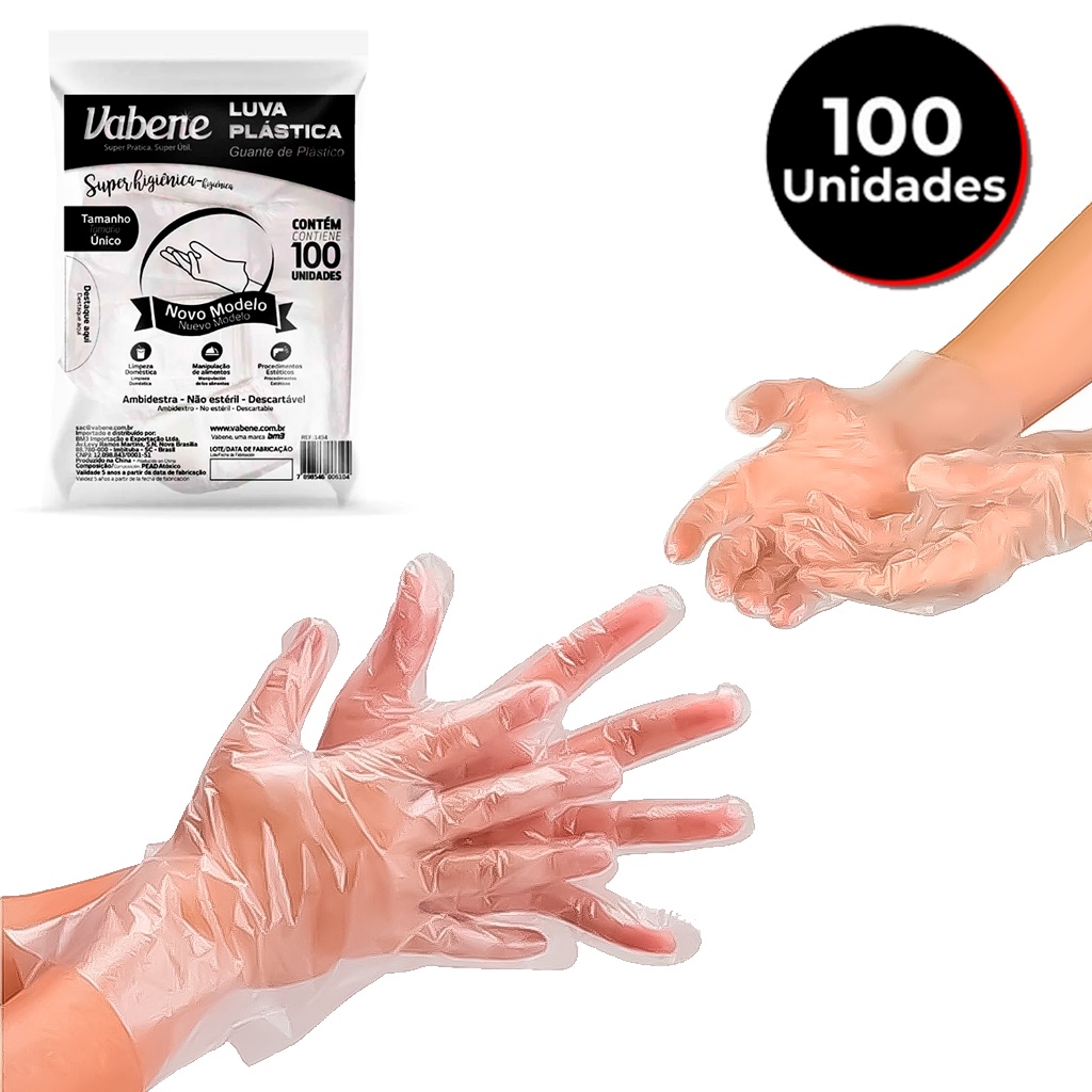 Kit 100 Luva Plástica Descartável Transparente Para Proteção Higiene Restaurante Preparo Comidas