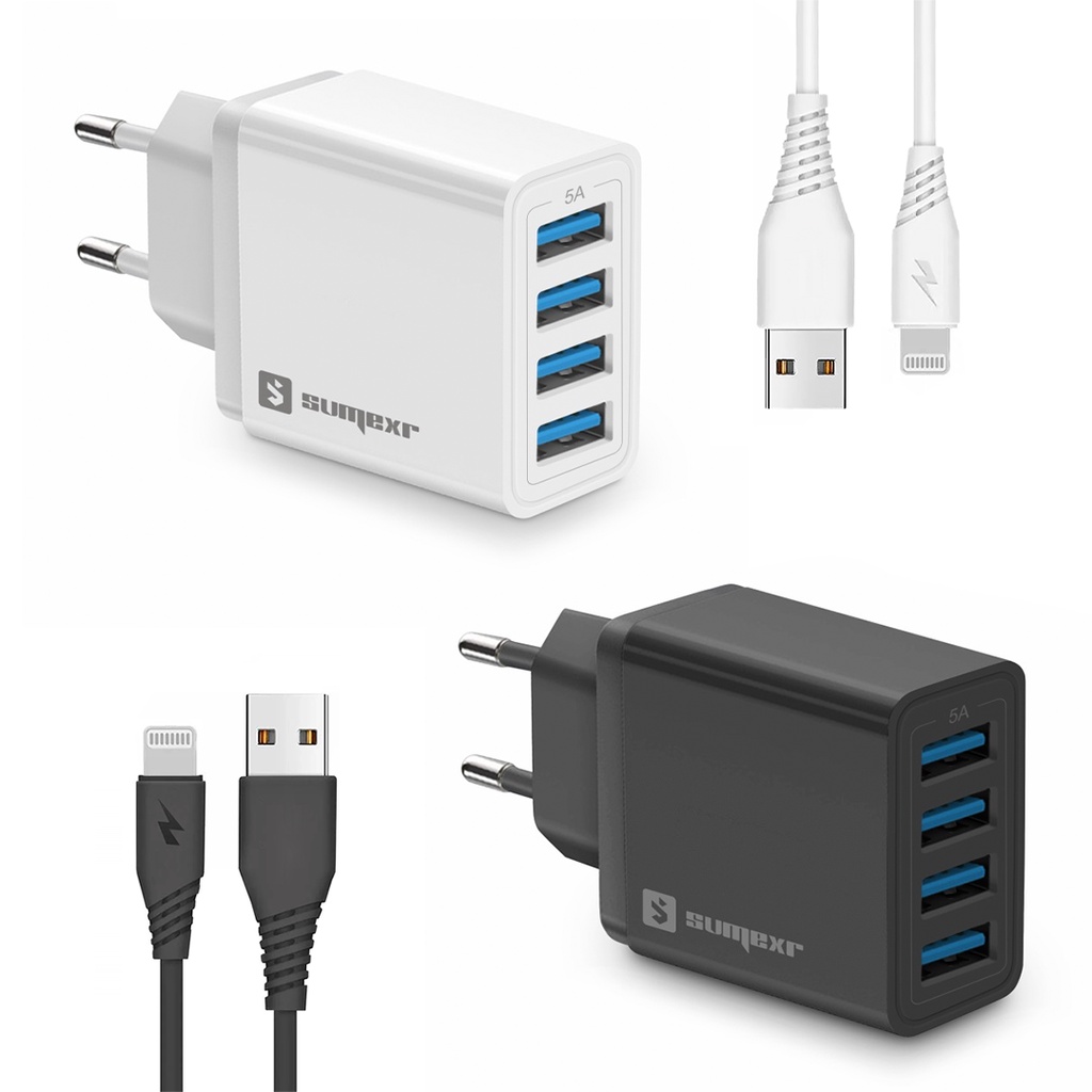 Fonte 4 Entradas Carregador Usb Rápido 5A + Cabo Para iPhone