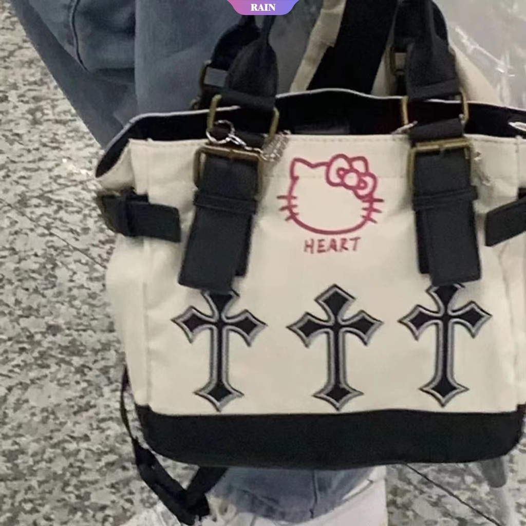 Kawaii Sanrio Hello Kitty Bolsa De Ombro Vintage Harajuku Crosses Bordado Tote Bag Moda Meninas Portátil Lona Para Mensageiro [RAIN]