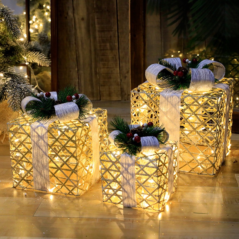 3pcs/Conjunto Caixa De Presente De Decoração De Natal Com Luzes Ornamento  Árvore Arte Em Ferro Luminoso Home Outdoor Mall Navidad X | Shopee Brasil