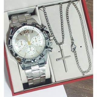 Conjunto relógio + corrente Pingente cruz e pulseira masculino Aço inox Prateado