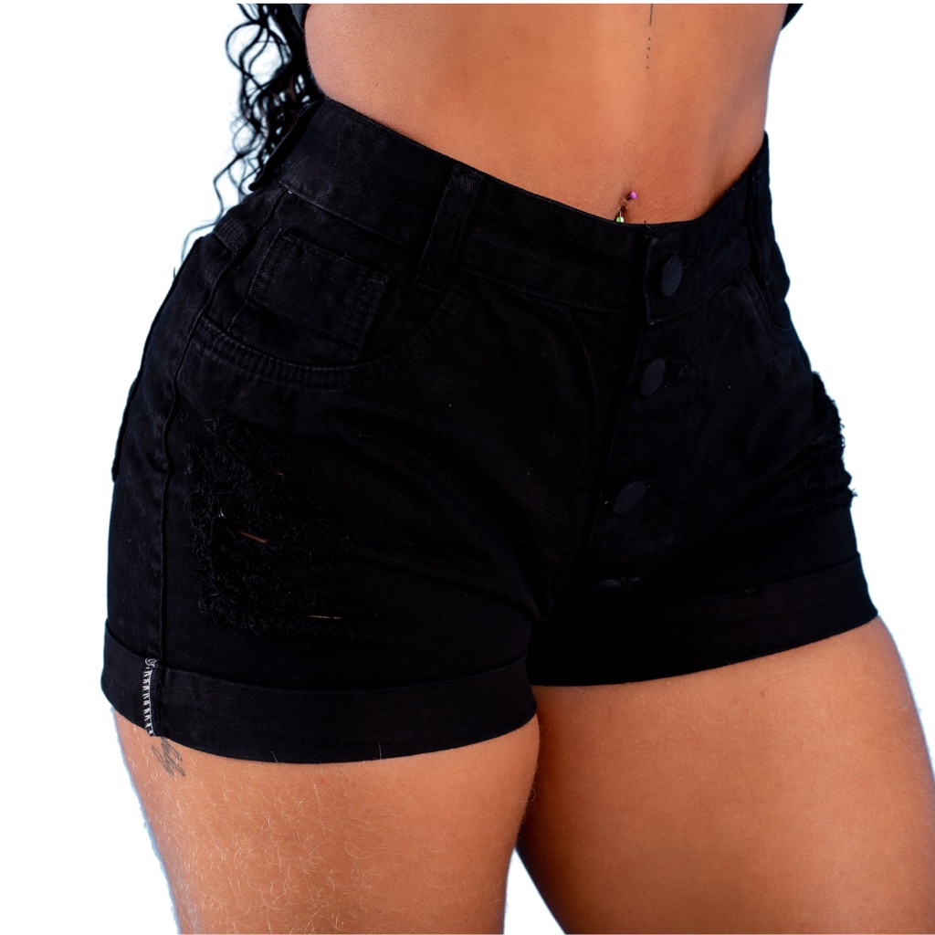 Short Feminino Preto Bermuda Jeans Preto Destroyed 4 Botões Encapados Short Barra Dobrado
