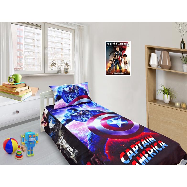 Jogo De Lençol E Fronha Capitão America  Kit 2pçs, Cobreleito