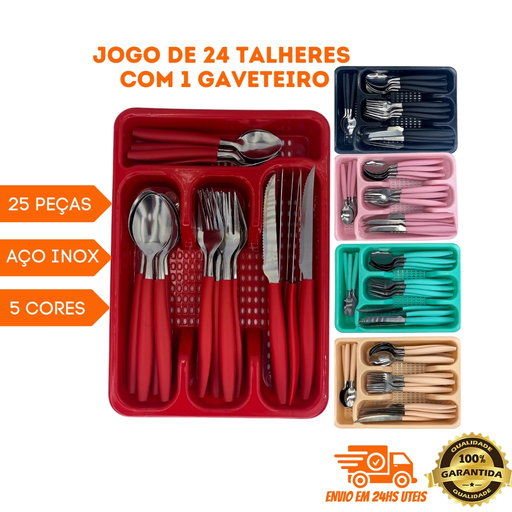 Jogo De Talheres 25 peças Faqueiro Aço Inox Com Porta Talher Conjunto ...