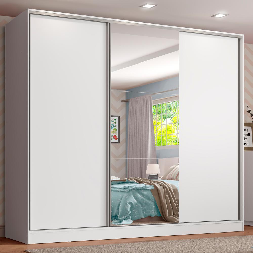 Guarda Roupa Infantil 100% MDF Madesa Logan 3 Portas de Correr com Espelho - Branco - Home & Living