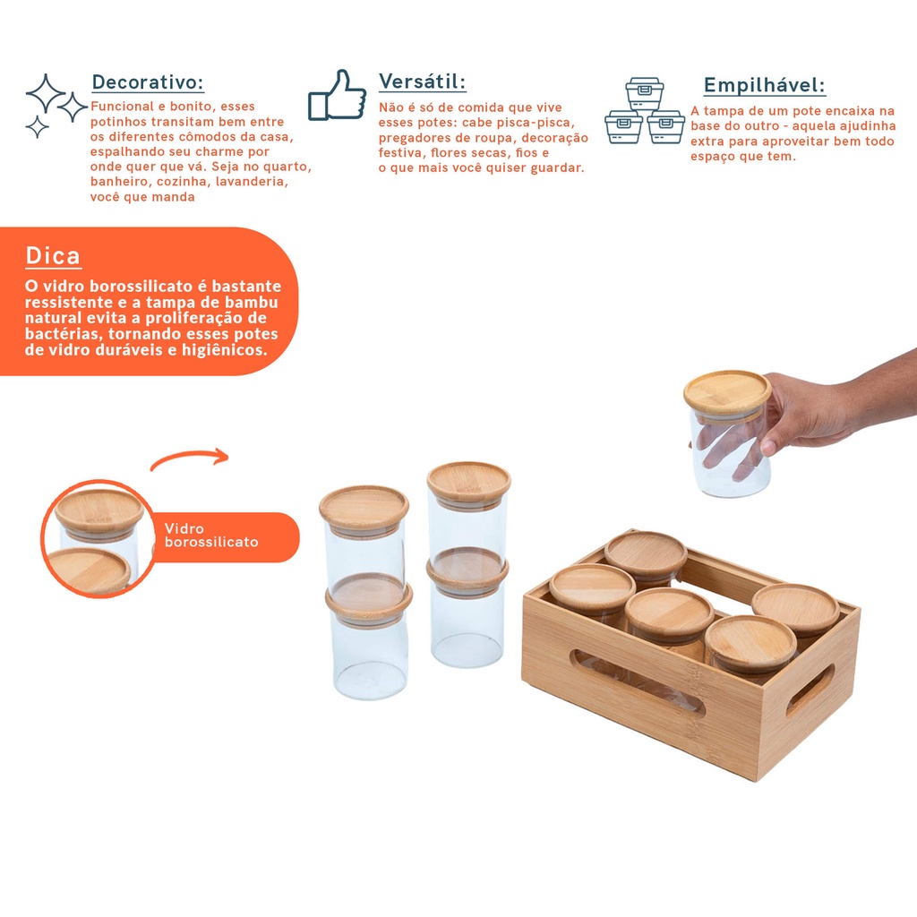 Detalhes do Kit caixa de bambu vazada e 10 potes de vidro 200ml – Oikos