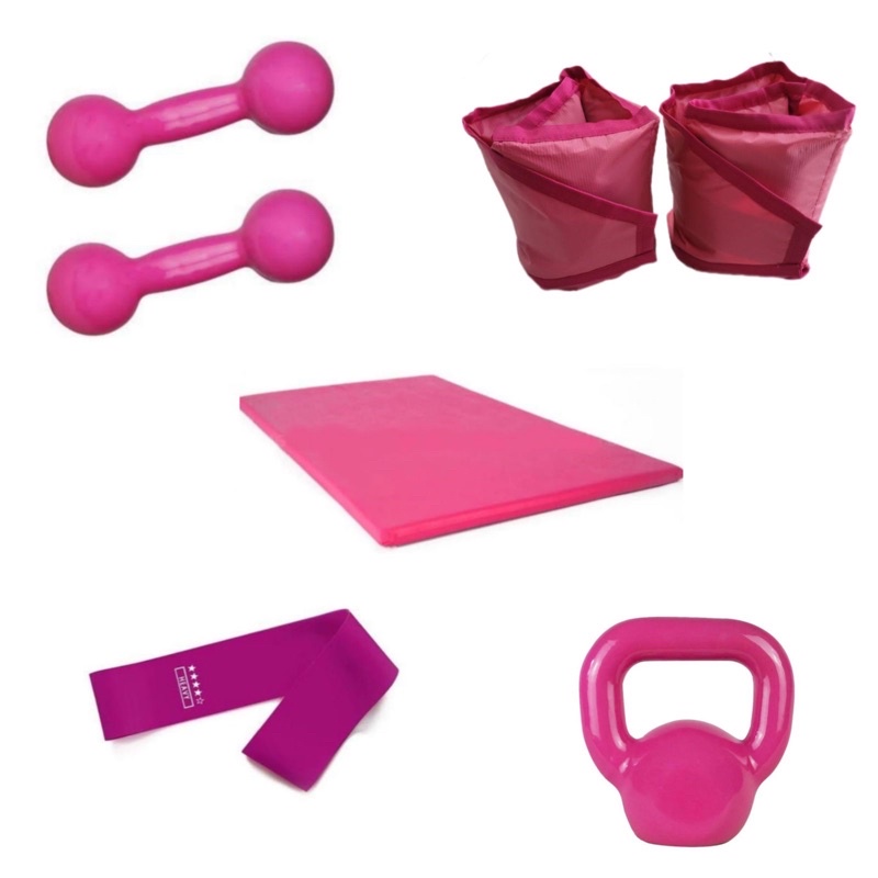 Imagem Kit Treino Completo Halter 2 Kg Rosa + Kettlebell Agachamento 6 Kg Rosa + Caneleira 2 Kg + Colchonete + Elástico