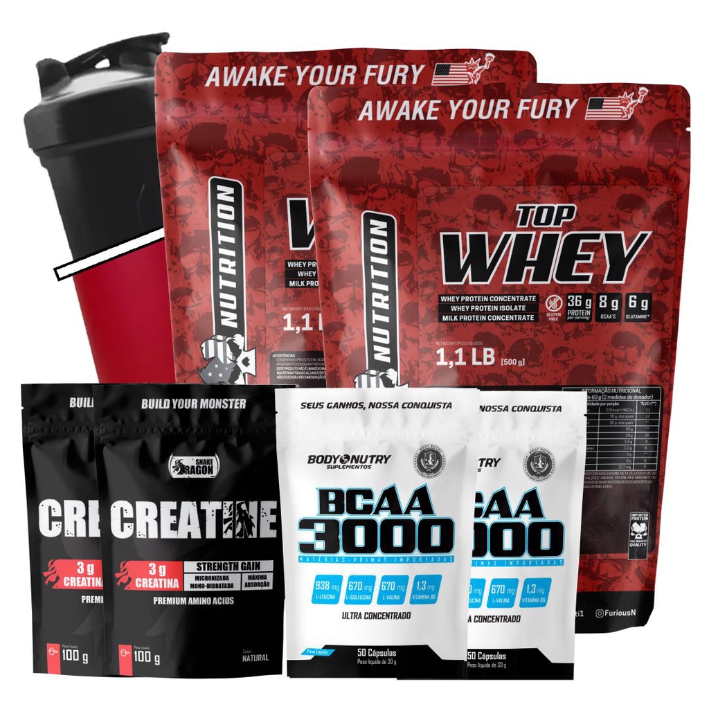 Kit 2x TOP Whey Protein + 2x Bcaa 3000 50 Cápsulas + 2x Creatina 100g