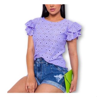Blusa feminina laise gola rasa manga dois babados elegante
