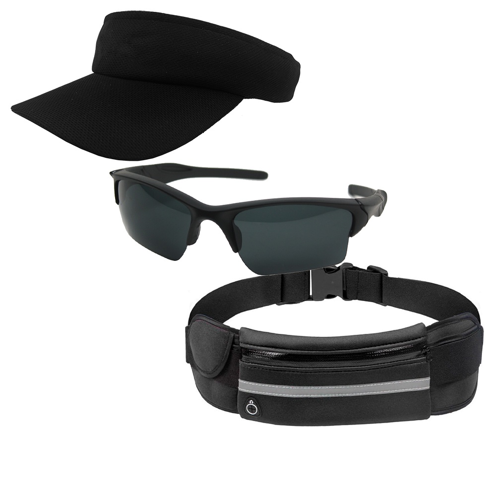 Kit Esportivo Com 1 Viseira Lisa 1 Pochete E 1 Oculos De Sol - Corrida E Caminhada, Unissex