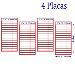 4 Tabelas de Preços em pvc, Lista de Preços Comércio, Placa Preços Mercado, Ref. 44
