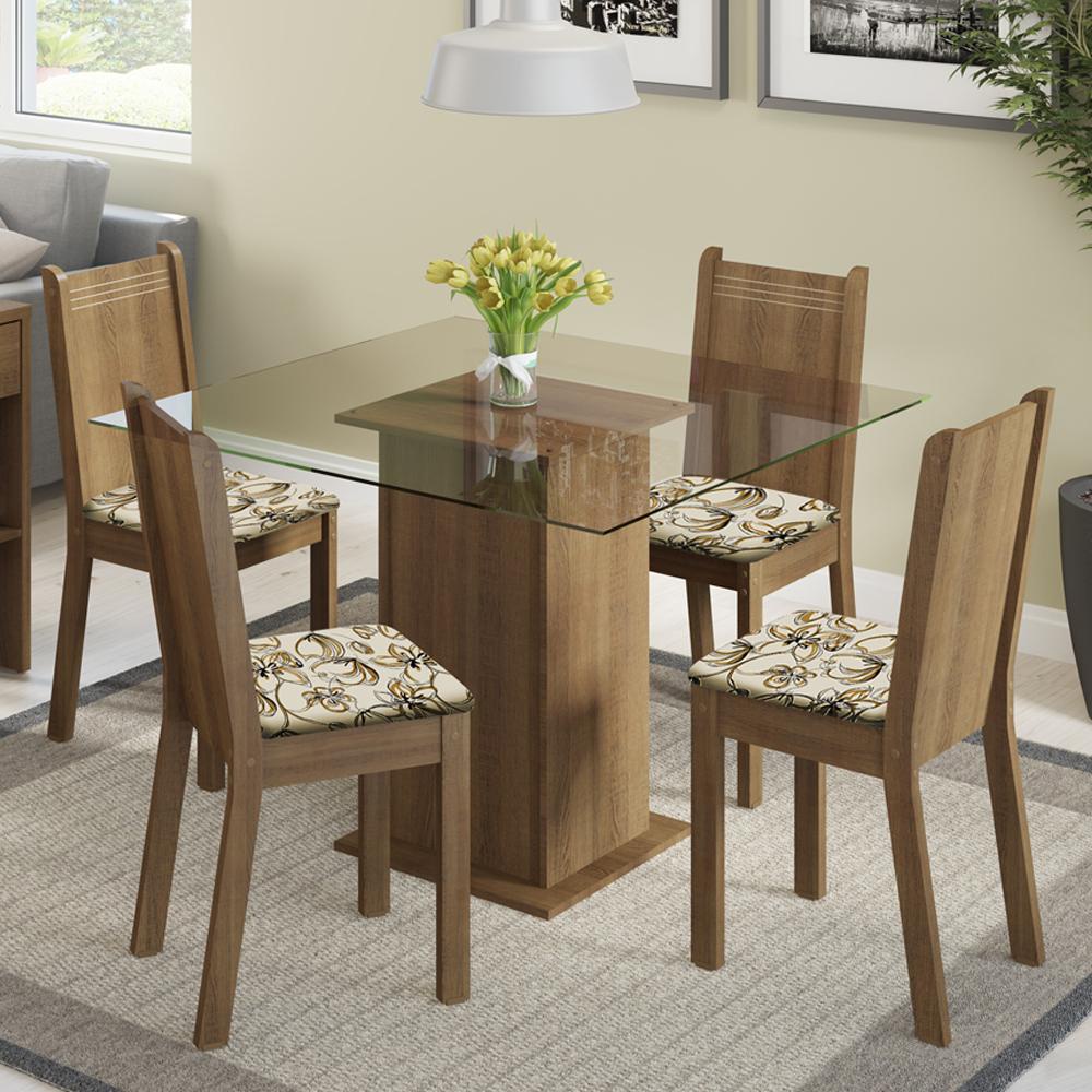 Conjunto Sala de Jantar Madesa Magda Mesa Tampo de Vidro com 4 Cadeiras - Rustic/Lírio Bege - Home & Living