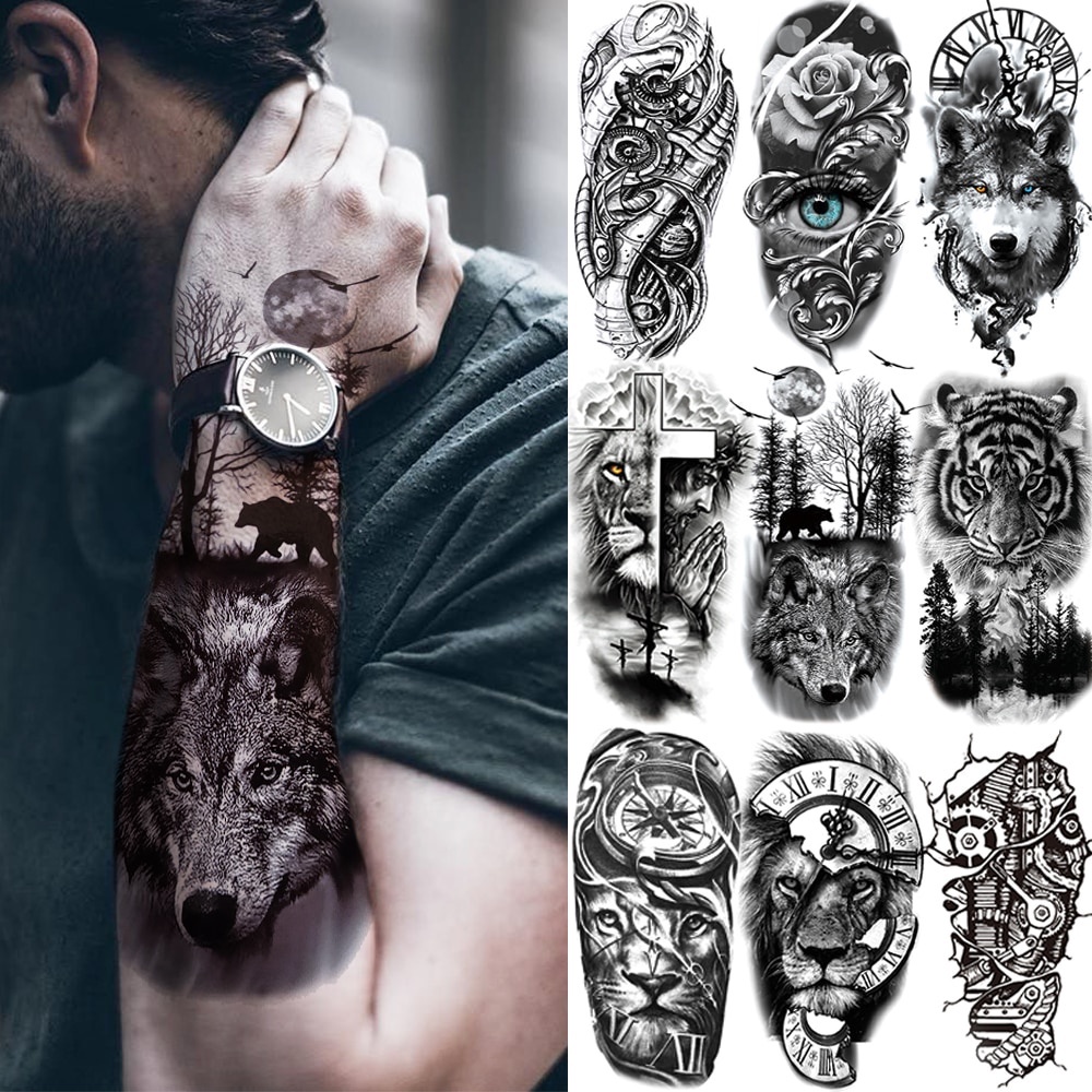Floresta Preta Tatuagem Adesivo Para Homens Mulher Criança Tigre Lobo Crânio Flor Temporária Rei Animal Falsa