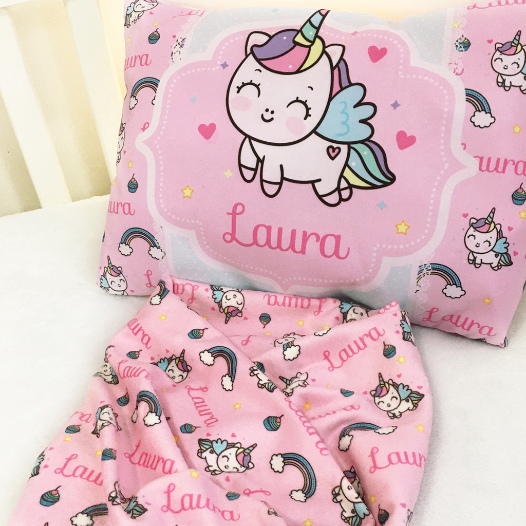 Kit Manta Bebê + Travesseiro Baby Unicórnio Cute Rosa Personalizado nome Mantinha Saída Maternidade Menina