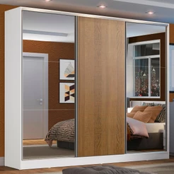 Guarda Roupa Casal 100% MDF Madesa Zurique 3 Portas de Correr com Espelhos - Branco/Rustic