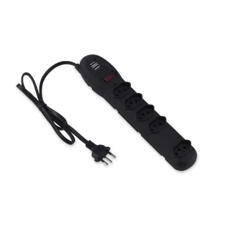 Filtro De Linha Eletronico Bivolt Extensão Regua 5 Tomadas Preto Com Saída Usb ForceLine - PROMOÇÃO