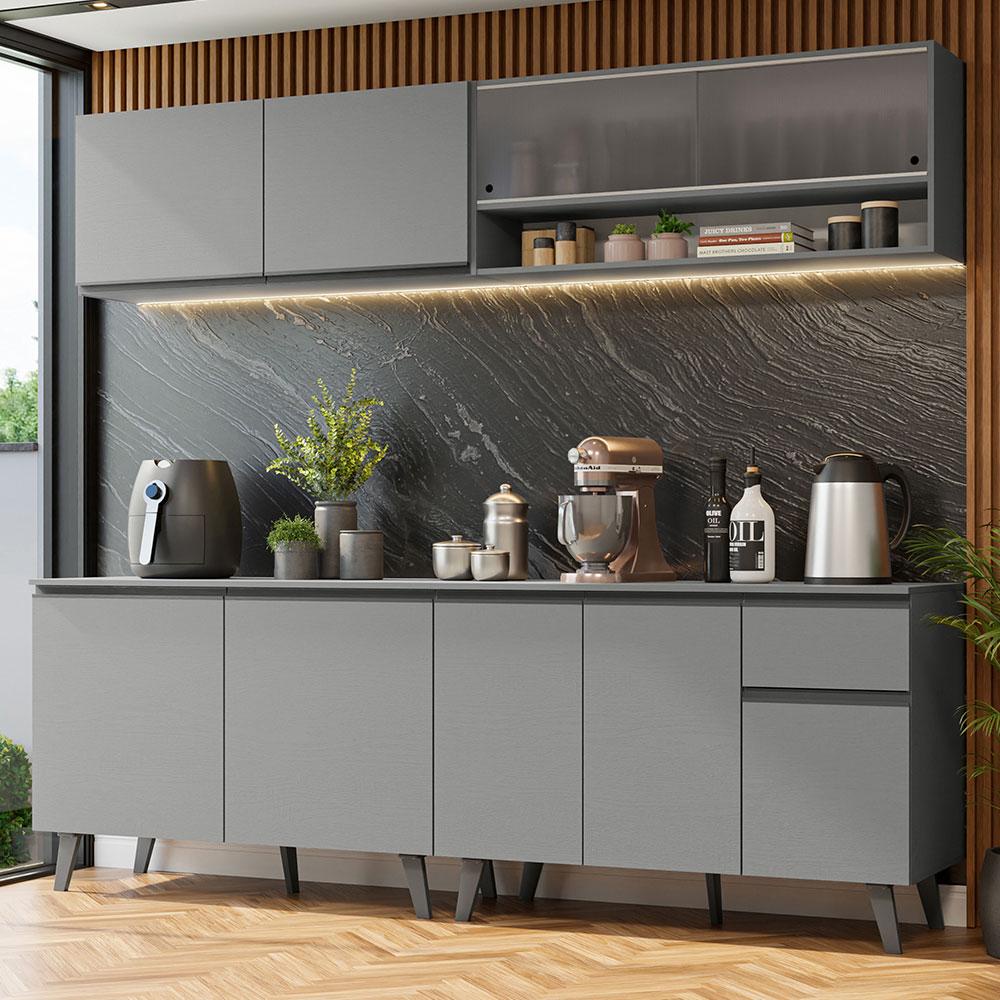 Armário de Cozinha Completa 240cm Cinza Nice Madesa 02 - Home & Living
