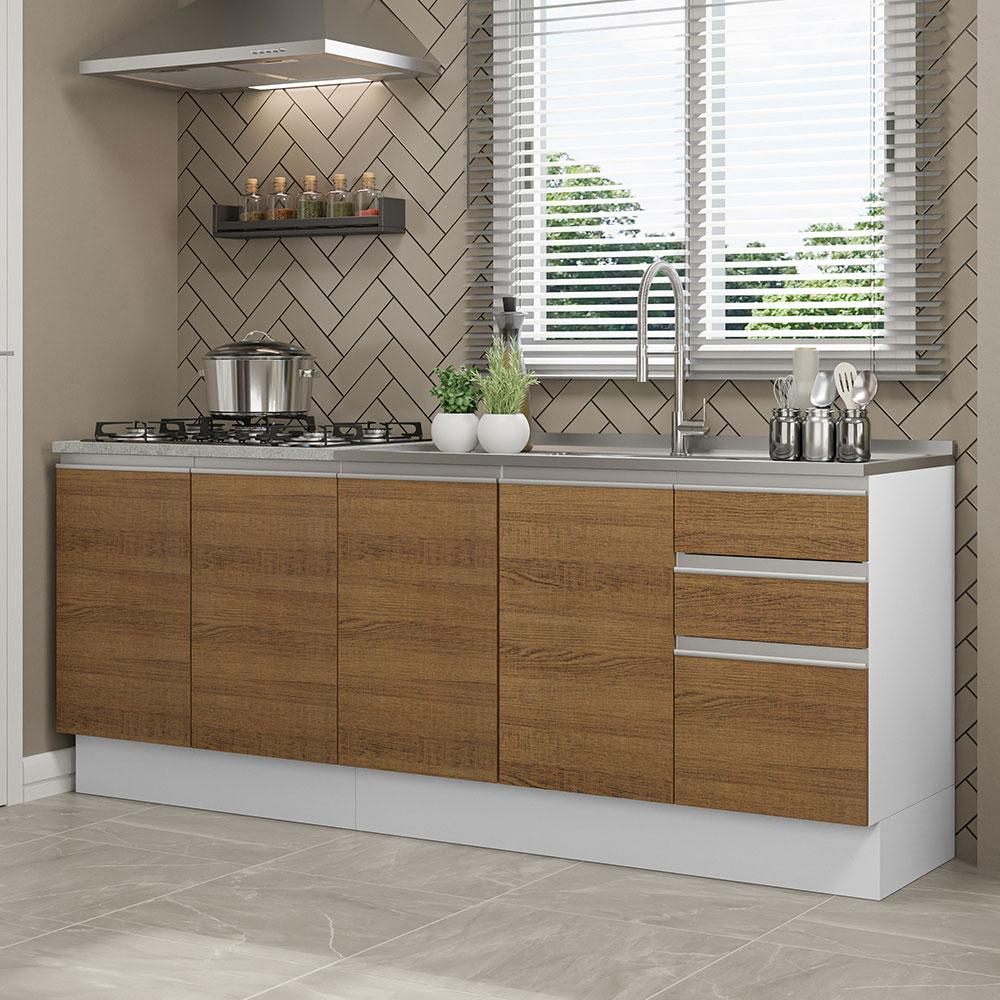 Kit com 2 Balcões de Cozinha Madesa Glamy 4 Portas 3 Gavetas (Sem Tampo e Pia) - Branco/Rustic - Home & Living