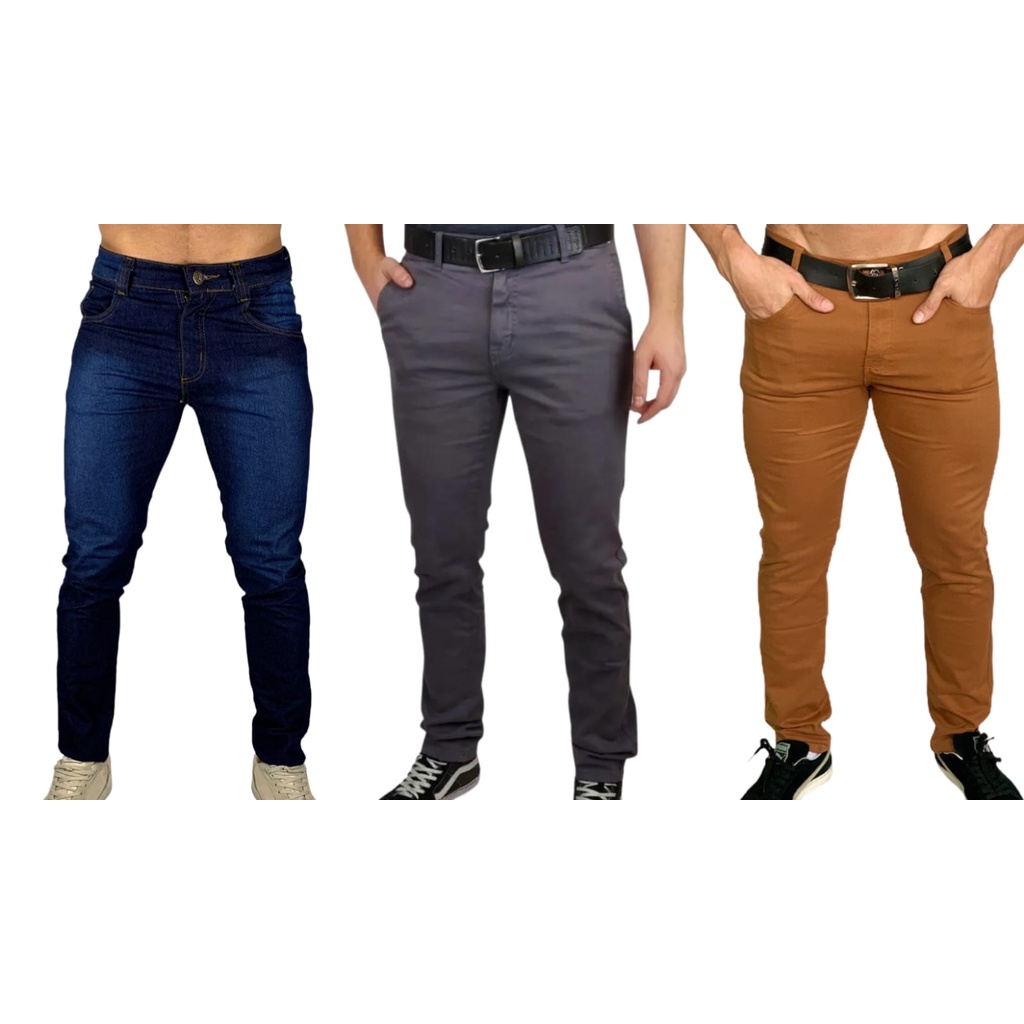 Kit 3 Calças Tradicionais Slim Fit Jeans Escuro Cinza e Caramelo em Sarja Premium Lançamento