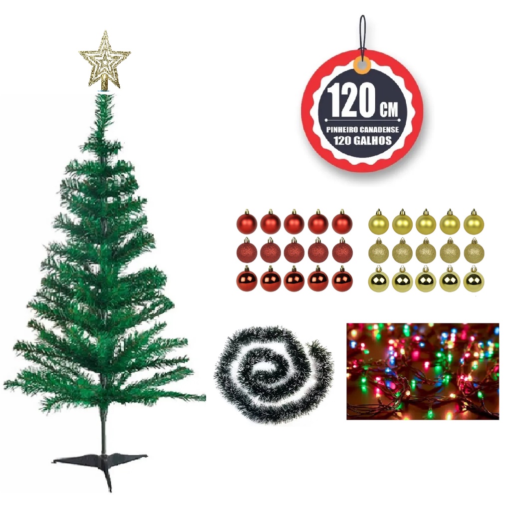 Kit Árvore de Natal completa de 120 cm, com bolas, pisca- pisca colorido,  Ponteira (estrela), Festão | Shopee Brasil
