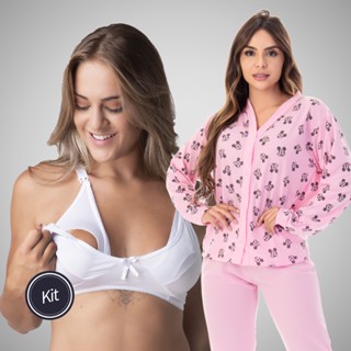 Kit Amamentação Linha Noite Pijama E Sutiã Amamentação Roupa De Dormir Longo Botão Feminino Pós Parto 367