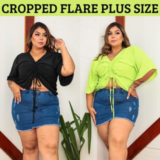 Blusa Feminina Franzida Com Manga Flare Cropped Gringo Amarraçao Plus Size g1 g2 g3 Veste do 44 ao 54