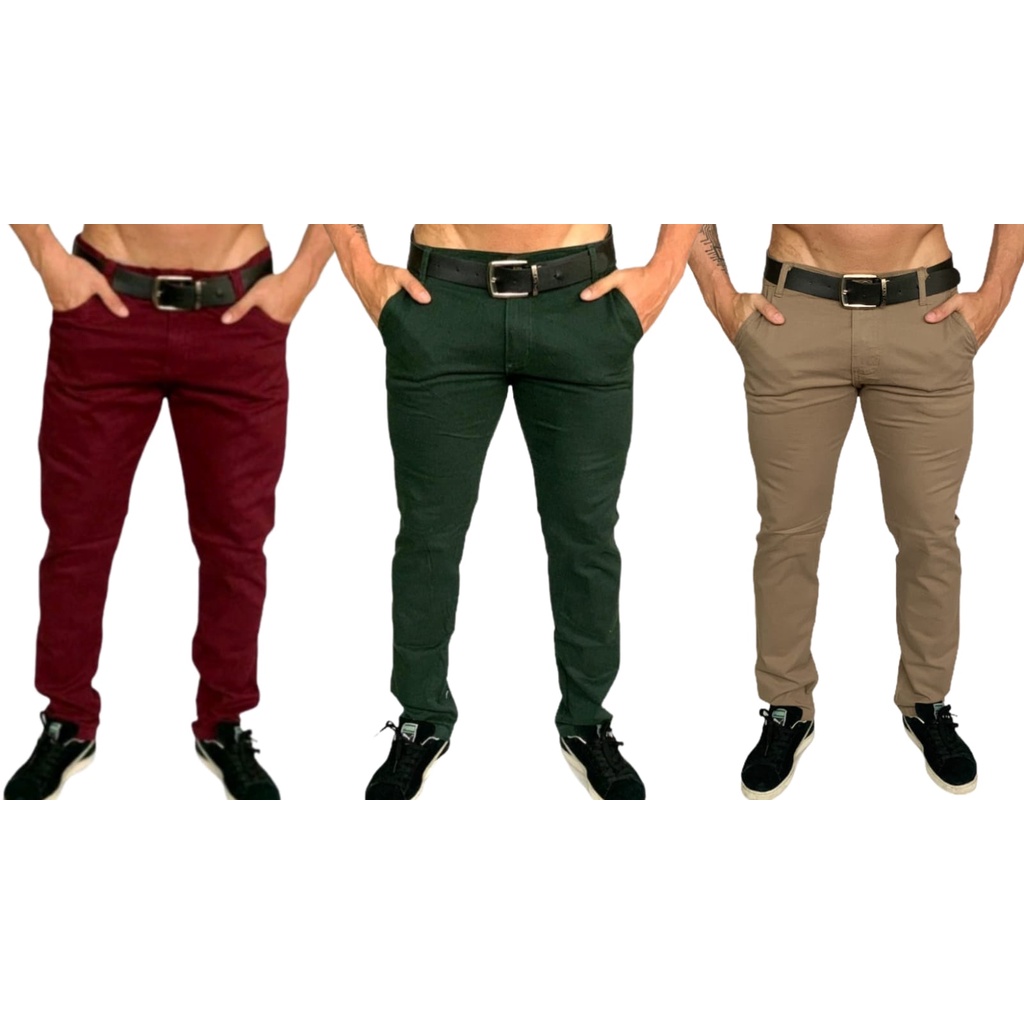 Kit 3 Calças Tradicionais Bordô Verde musgo e Cáqui Slim Fit em Sarja