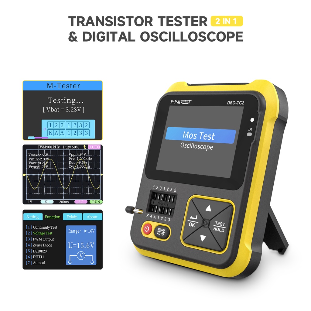 FNIRSI DSO-TC2 Testador De Transistor Digital De Osciloscópio Portátil 2 Em 1 Suporte Diodo Capacitância LCR Detecção PWM Out