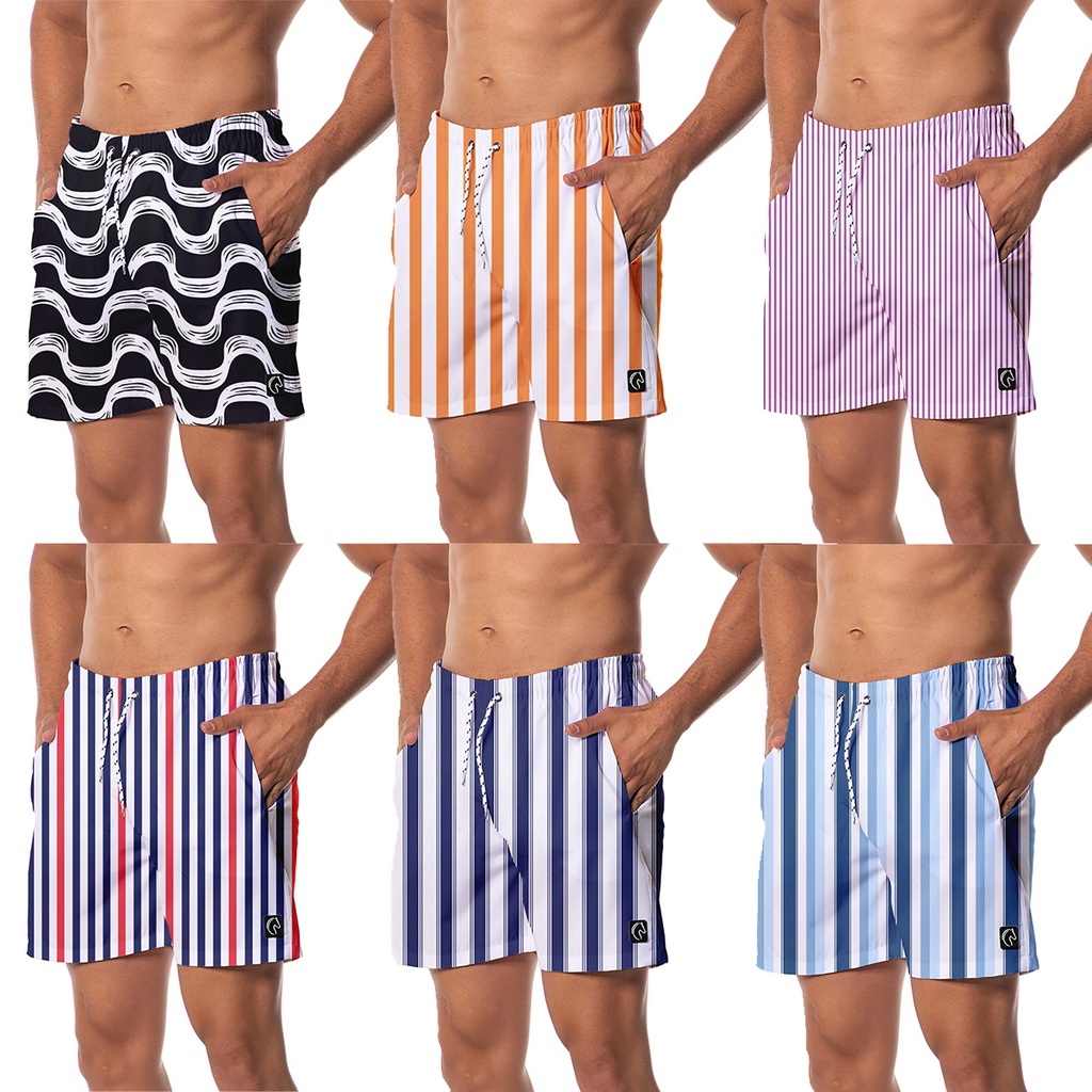 Shorts Masculino Listrado Listras Estampado Cores Verão Moda Praia Tecido Leve com Elastano Casual Bermuda Masculina
