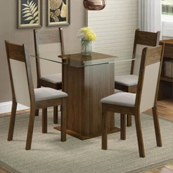 Conjunto Sala de Jantar Madesa Dallas Mesa Tampo de Vidro com 4 Cadeiras - Rustic/Crema/Pérola