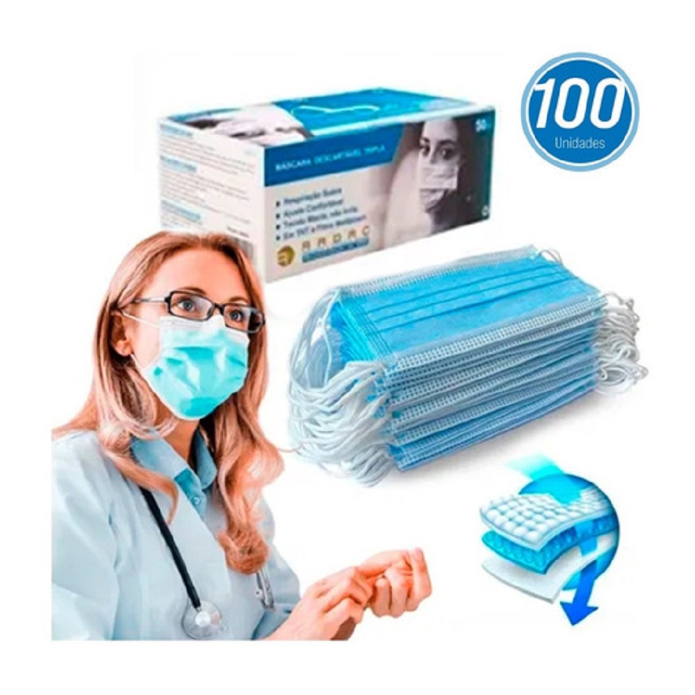 MÁSCARA DESCARTÁVEL PROTEÇÃO TRIPLA COM 100 PEÇAS MELTBLOWN - Health