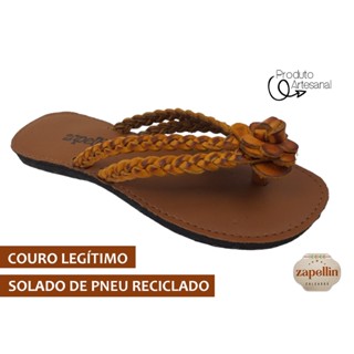 Chinelo Feminino Trança Couro Legítimo Solado Pneu Antiderrapante REF 15
