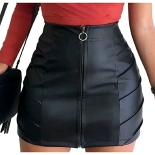 saia curta de couro fake plissada nas laterais tendência em Oferta na Shopee