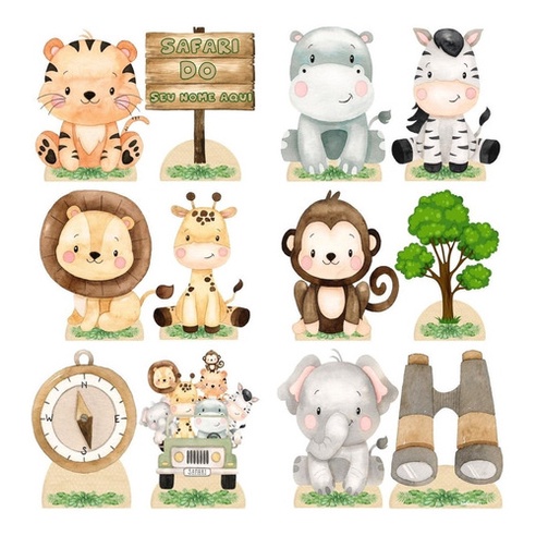 Kit 10 Display Mesa Safari Aquarela Festa Decoração 20cm