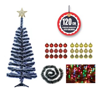 Kit Árvore De Natal Decorada de 120 cm com BOLAS, PISCA, PONTEIRA E FESTÃO  **É SÓ MONTAR** | Shopee Brasil